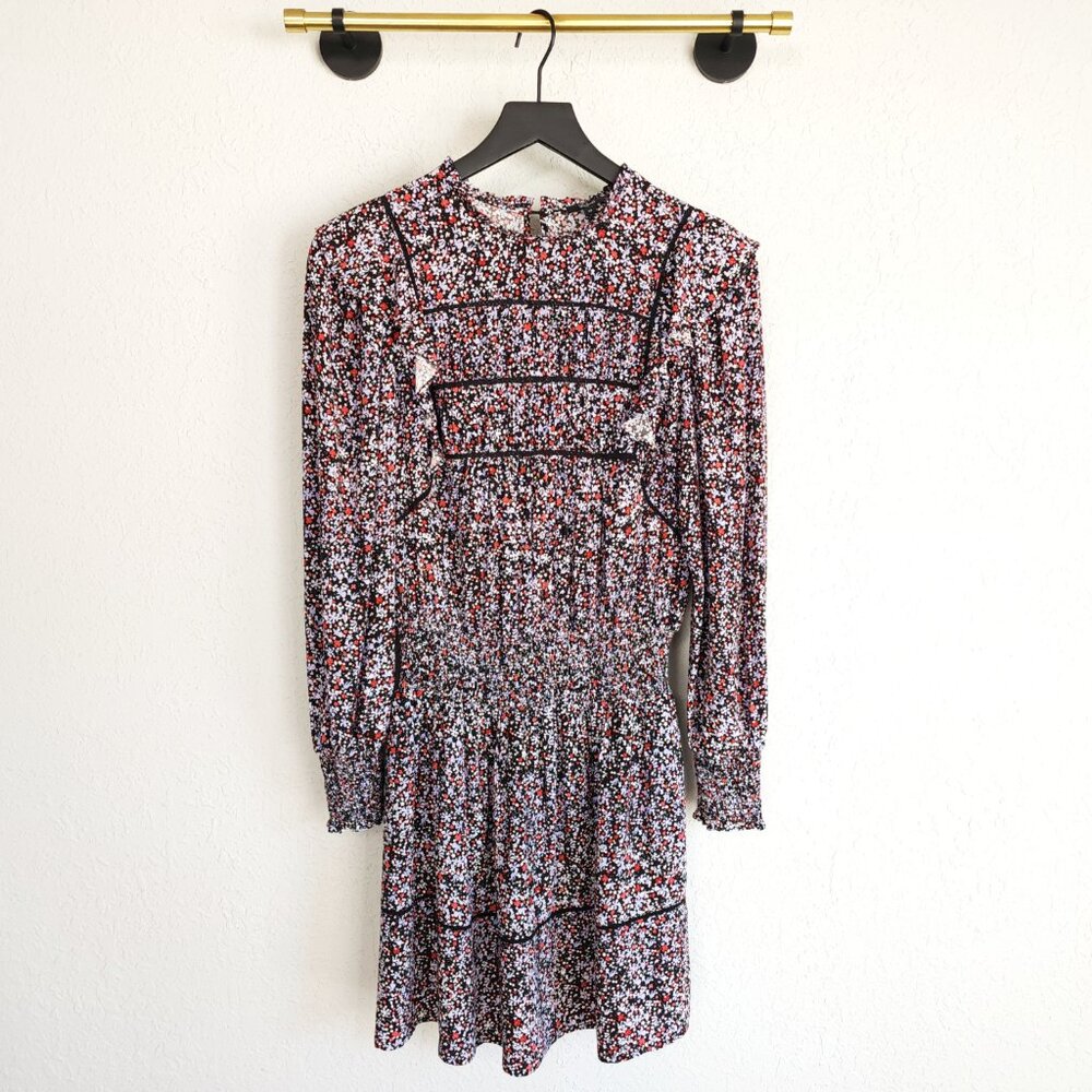 Rails XS Midnight Meadow Floral Long Puff Sleeve Smock Faren Mini Dress NWOT